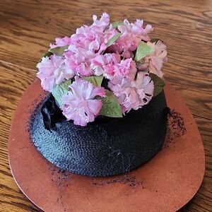 Vintage 1950s Black Straw Pillbox Hat Pink Flowers & Veiling - Union Made